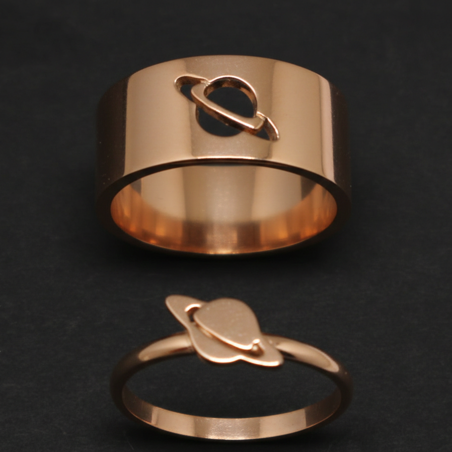 Planet Saturn Promise Couple Rings With Elegant Design And Symbolic Meaning For Special Bond Adjustable Size - Black