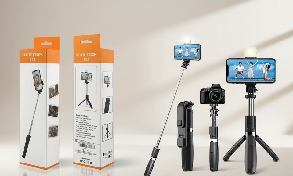 R1s Bluetooth Selfie Stick Tripod | With Remote & LED Light | Portable Phone Holder
